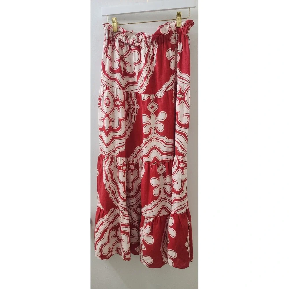 Lemlem by Liya Kebede Red White Linen Tiered Maxi Skirt Paisley Paperbag Waist S